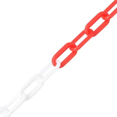 A plastic chain with alternating red and white links, shown diagonally against a white background.