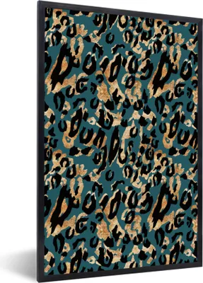 Produktbild von MuchoWow® Gerahmtes Poster Pantherdruck - Gold - Türkis 40x60 cm - Poster mit Schwarzem Bilderrahmen Wandposter Rahmen Foto Bilder - Papierdruck - Wandbilder