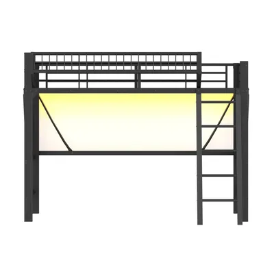 Produktbild von Merax Etagenbett Hochbett 90x200 cm, Metall Kinderhochbett mit LED Beleuchtung, Aufbewahrungskorb, Sicherheitsgeländer, Jugendbett Stockbett, Schwarz