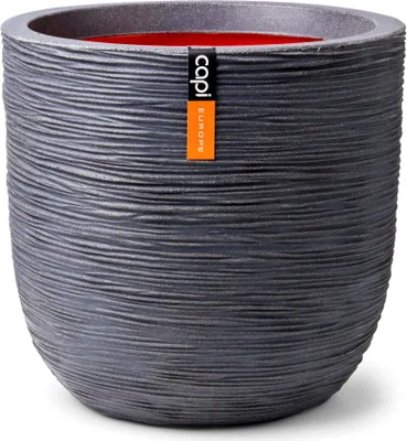 A dark gray textured planter pot with a red interior and an orange tag attached.