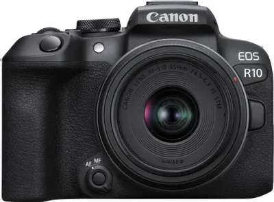 Produktbild von Canon EOS R10 + RF-S 18-45mm F4.5-6.3 IS STM MILC 24,2 MP CMOS 6000 x 4000 Pixel Schwarz