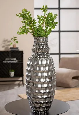 Produktbild von Gilde Bodenvase, bauchig, "Hexagon", Keramik, silberfarben, VE 1, H. 53 cm, D. 22 cm 57475 4063387574751