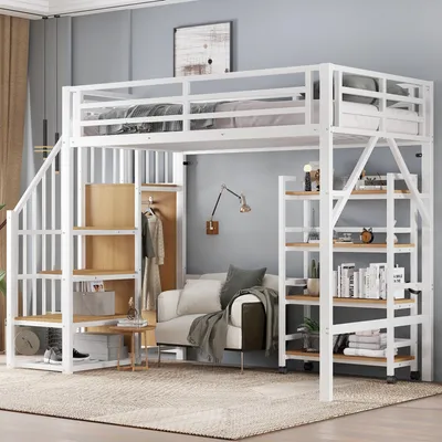A loft bed with integrated storage and a sofa underneath, set in a bedroom or living space.