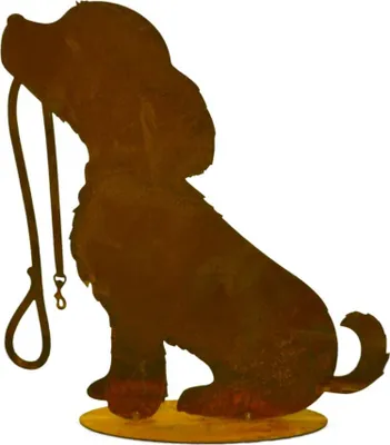 Produktbild von Edelrost Hund sitzend mit Leine auf Bodenplatte