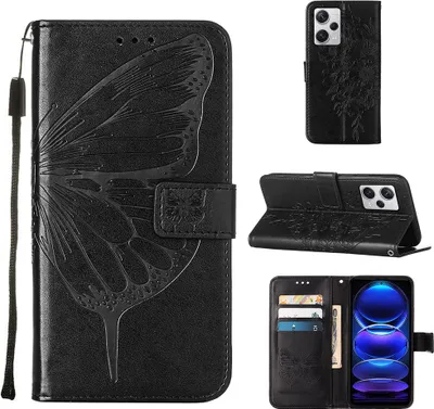 Produktbild von Lederhülle für Xiaomi Redmi Note 12 Pro+ Schmetterling Prägung Flip Ledertasche Kartenfächer Handyhülle mit Ständer Schwarz