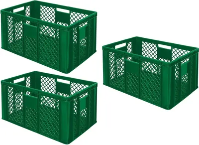 Produktbild von 3x Eurobehälter durchbrochen, Stapelkorb, Industriequalität, lebensmittelecht, 600 x 400 x 320 mm, grün