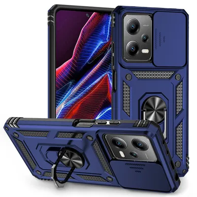 Immagine prodotto di Xiaomi Redmi Note 12 Pro 5G custodia a doppio strato con copertura scorrevole della fotocamera e supporto ad anello blu