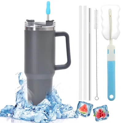 Isolierbecher 1200 ml, doppelwandig, Edelstahl, mit Deckel und Strohhalm