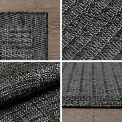 Produktbild von Outdoor Teppich Wetterfest Terrasse Balkon Garten Küchenteppich Flachgewebe Sisal Look Waschbarer Teppich, Schwarz Größe: 200 x 200 cm