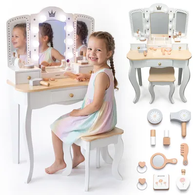 Immagine prodotto di Mamabrum XXL Tavolino da toilette in legno per bambini con sgabello - Illuminazione a LED, specchio a 3 pezzi