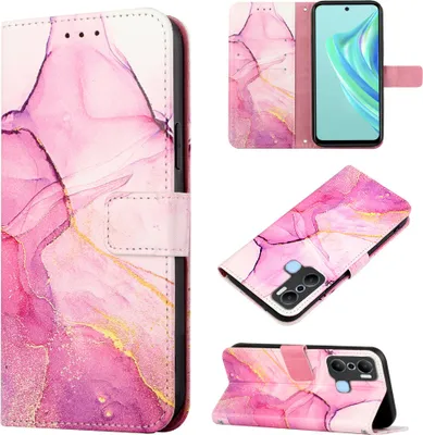 Produktbild von Infinix Hot 20 Play Hülle, Marmor Motiv Kunstleder Tasche Wallet Kartenfächer mit Standfunktion Klapp Schutzhülle für Infinix Hot 20 Play Rosa