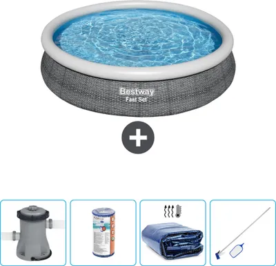 Produktbild von Bestway runder aufblasbarer Fast-Set-Pool – Rattan-Druck – 366 x 76 cm – inklusive Pumpe Filter - Sonnensegel - Reinigungskit