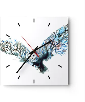 Produktbild von Wanduhr - Quadrat - Glasuhr - Eule wild Wald Flug - 30x30cm - Schleichendes Uhrwerk - Lautlos - zum Aufhängen bereit - Dekoration Modern - Wanddekoration aus Glas - C3AC30x30-3122