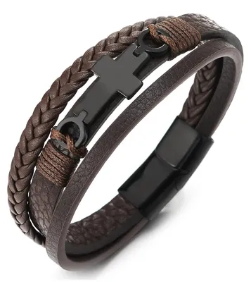 Productafbeelding van Solidchoice - Gevlochten Lederen Armband met Kruisontwerp