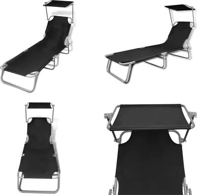 Immagine prodotto di vidaXL Lettino pieghevole con tettuccio in acciaio e tessuto nero - Lettino - Lettini - Salotto in rattan - Salotto in rattan