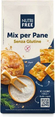 A bag of gluten-free bread mix with images of bread and focaccia.