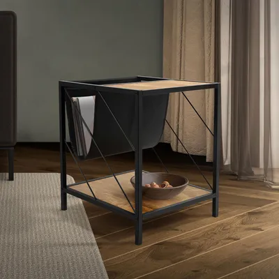 Produktbild von ML-Design Beistelltisch mit Zeitschriftenfach, Braun in Eiche-Rustikal, Wohnzimmertisch mit Stahlgestell und 2 Ablagen