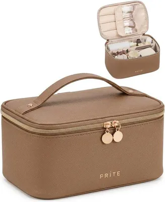 Produktbild von Große Kosmetiktasche für Damen, wasserdichte Toilettentasche aus Leder, Reisetasche, Kosmetiktasche mit Tragegriff und abnehmbarem Innenfach, braune Organizer-Tasche für Make-up