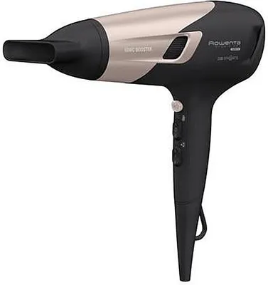 A studio shot of a black and pink Rowenta hair dryer against a white background.