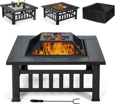 Produktbild von COSTWAY 3 in 1 Feuerschale, Outdoor-Feuerstelle 81 x 81 cm, Quadratischer Feuerkorb für Garten Hinterhof Terrasse Balkon, mit Gitter/ Rost/ Grill/ Schürhaken/ Abdeckung, für Picknicks & Lagerfeuer