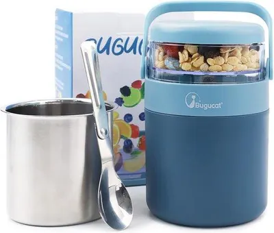 Zdjęcie produktu dla Kubek na wynos ze stali nierdzewnej, 570 ml + 150 ml, praktyczny kubek na jogurt i musli na piknik, kubek na lunch, z łyżeczką, niebieski