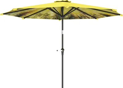 Image de Outsunny Parasol Ø300 cm, Parasol à manivelle, Muster，achteckig Balcon Parasol de plage résistant au vent stable Parasol de marché jaune