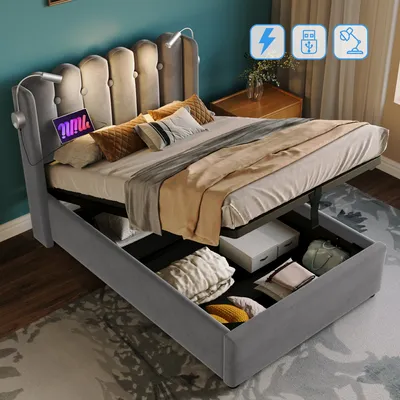 Produktbild von Flieks Polsterbett 90x200cm mit Lattenrost, Hydraulisches Boxspringbett mit USB und Leselichte, Stauraumbett Einzelbett, Samt, Grau