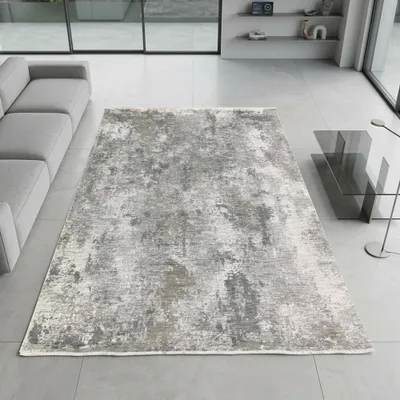 Produktbild von Moderner Teppich Grau Creme mit abstrakter Flächenstruktur und Fransen Größe - 200 x 290 cm