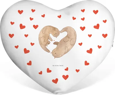 Produktbild von Mr. & Mrs. Panda Kissen Herz Otter Herz - Weiß - Geschenk, Liebeskissen, Liebe, Hochzeitstag, Kuschelkissen, dekoartikel, Valentinstags, Dekokissen, Sofakissen