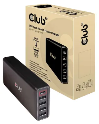 Produktbild von CLUB3D USB Type A and C Power Charger, 5 ports up to 111W, Drinnen, AC, 240 V, 1 m, Schwarz