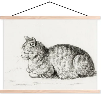 Produktbild von MuchoWow® Textilposter Liegende Katze - Gemälde von Jean Bernard 150x113 cm mit holzfarbenen Rahmen - Poster