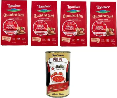 Produktbild von Loacker Quadratini Napolitaner Waffel mit Haselnusscreme 100% italienische Waffeln 4 x 125 g+ Italian Gourmet polpa 400g