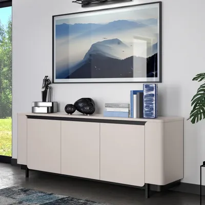 Produktbild von Forte VODOL Sideboard 200 210, modernes Sideboard mit 3 Schranktüren und abgerundetem Eckendesign, Holzwerkstoff, Kaschmir|Beige , 204,9 cm breit x 77,9 cm hoch x 44,8 cm tief