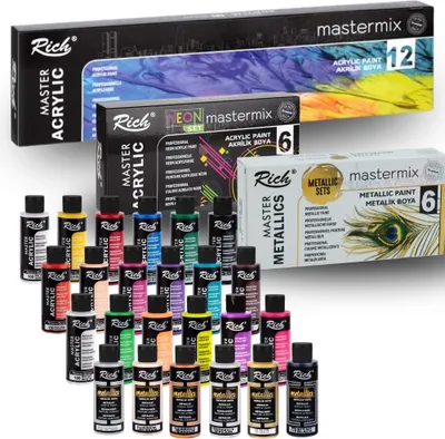 Zdjęcie produktu dla Zestaw farb akrylowych RICH MASTERMIX, 24 kolory – 60 ml (standardowe, neonowe, metaliczne)