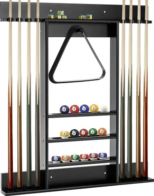 Produktbild von GOPLUS Billardständer, Pool Queue Halter Kiefernholz, Queuehalter mit 8 Queue-Stifte, für 15 Billardkugeln, Stifte für 1 Kugelablage, 3-stufig, Wandmontage