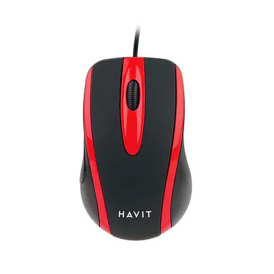 A top-down view of a black and red computer mouse against a white background.