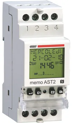 Produktbild von VEMER VE343000 MEMO AST2 - Digital Zeitschaltuhr mit Astro Programmierung, Zeitschalter mit App Steuerung und NFC-Technologie, 2 Kanäle, Montage DIN-Hutschiene, Weiß