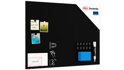 A black frameless magnetic board with accessories, including magnets, a marker, and a cleaning eraser.