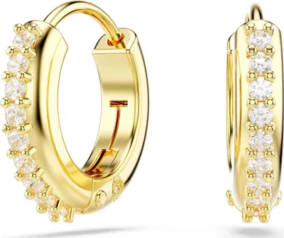 A pair of gold-toned hoop earrings with clear stones, presented on a white background.