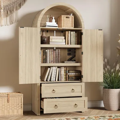 Produktbild von MODFU Wohnzimmerschrank Doppelschubladen Sideboard Vintage,Beistellschrank Geeignet für Wohnzimmer und Küche,Schubladenschrank mit Stauraum,Eiche