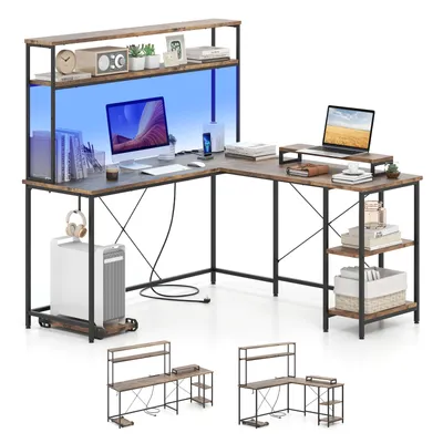 An L-shaped desk with shelves and a monitor stand, set against a white background.