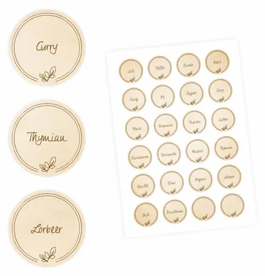 Produktbild von 24 Gewürzetiketten - hellbraun - 22 beschriftet 2 blanko - rund 4 cm Ø - Küchen Aufkleber Sticker