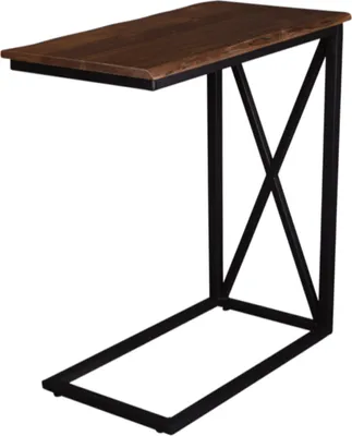 A side view of a C-shaped side table with a wooden top and black metal frame.