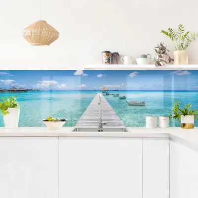 Produktbild von Küchenrückwand Strand selbstklebend - 0.35 mm Wandpaneel wasserfest Karibik türkis Tropisch Spritzschutz fugenlos
