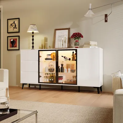 Produktbild von Sideboard mit LED-Vitrine 160x35x80cm, Weiß Hochglanz, E1-MDF, 3 Lichtfarben, gehärtetes Glas für Wohnzimmer