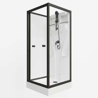 Freisteller einer Glasdusche mit schwarzen Profilen, Duschsystem, Griff, weißer Wanne und Rückwand