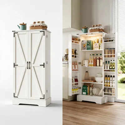 Image de Armoire de cuisine avec éclairage LED, hauteur 128,5 cm, armoire de rangement à 2 portes et étagères réglables