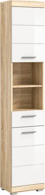 Immagine prodotto di Colonna da bagno LEWOTO – 2 porte, 1 cassetto – Bianco e rovere chiaro