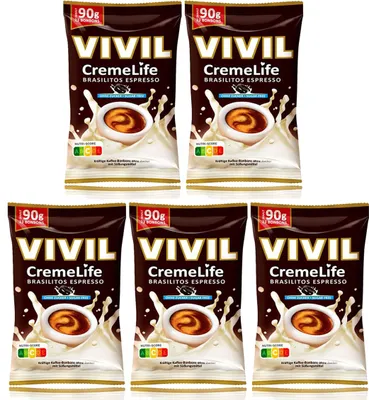A collage of five identical product packages of Vivil CremeLife Brasilitos Espresso bonbons.