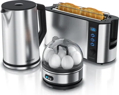 Produktbild von Arendo Frühstücks-Set, 1,5L Wasserkocher, 2-Scheiben Langschlitz Toaster, 7er Eierkocher, Silber